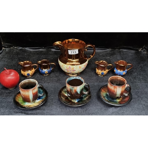 713 - Eleven beautiful ceramic items including five lustrewear jugs and three beautiful hand-thrown potter... 