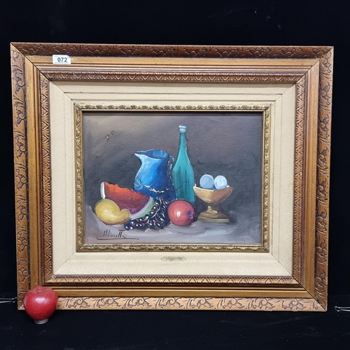 72 - A fantastic original acrylic on canvas painting of a vibrant still life with fruit and drink and a c... 