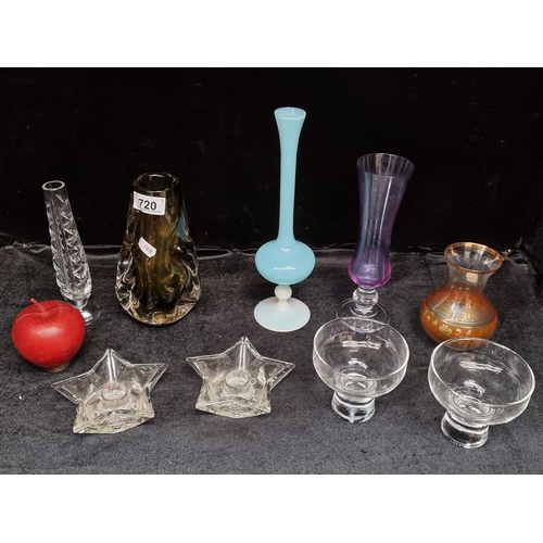 720 - Nine interesting glassware items, including an Opaline Italian, hand-made vase in a baby blue shade,... 