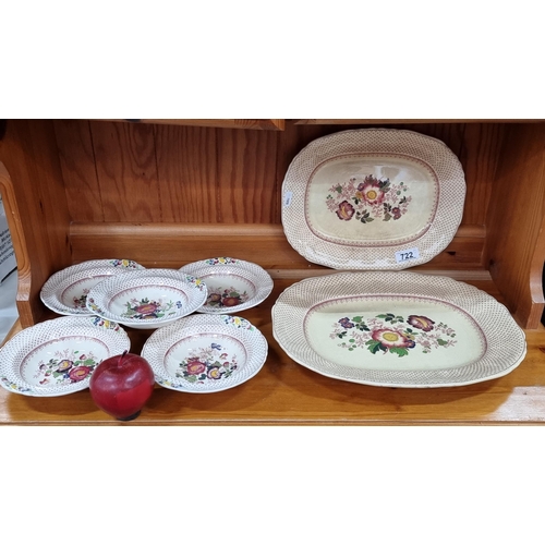 722 - A collection of six Mason's tableware, including four bowls and two antique platters, featuring a fi... 