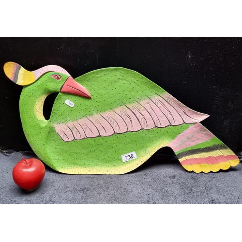 736 - A hand painted wooden tray in a shape of a resting peacock. A very colourful piece. From the fabulou... 