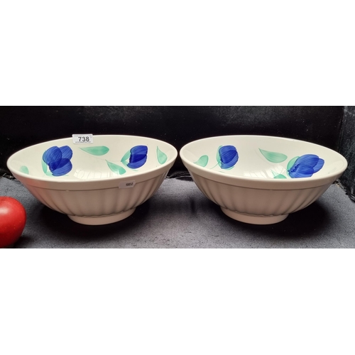 738 - A pair of Italian made kitchen bowls by La Primula, featuring a large blue crocus motif on the inter... 