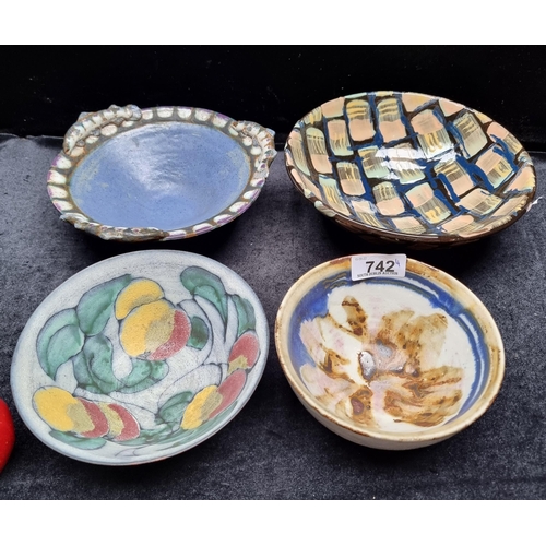 742 - A lot of four hand painted art pottery items, including a fish themed bowl with 'MD' stamp to base. ... 