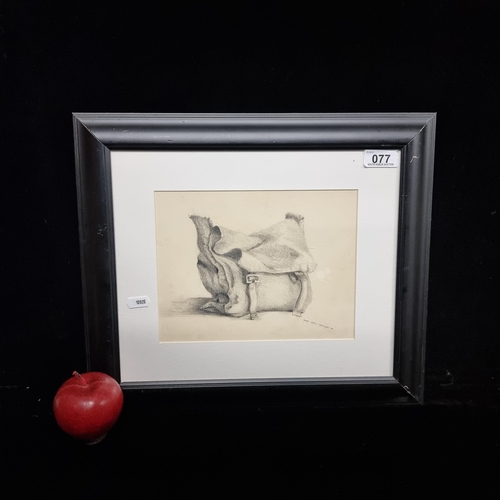 77 - An original charcoal on paper artwork depicting a slouched satchel. Signed bottom right by the artis... 