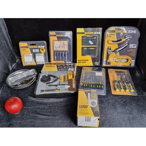 790 - A collection of brand new never used DIY tools and items made by Workzone including  101 bit set, ho... 