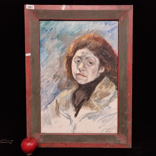 81 - A striking original oil on board painting featuring an introspective portrait of a young woman in lo... 