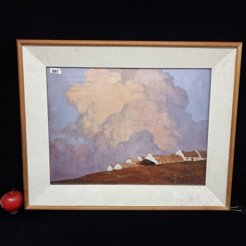 97 - A very large print of a painting by Paul Henry housed in a cream and wood frame.