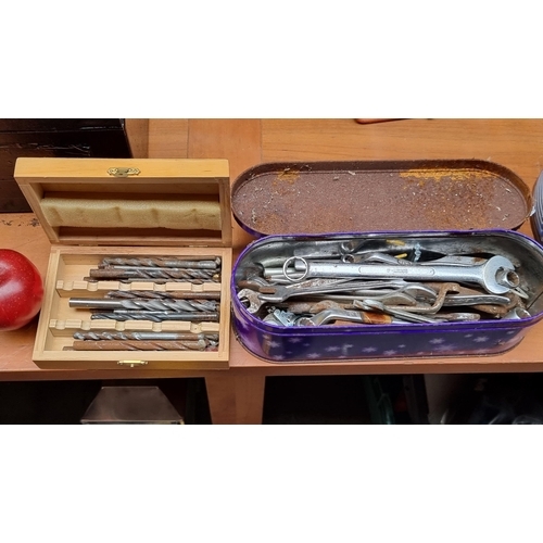 330 - Two great collections of tool parts including a box of drill bits with a large selection of wrenches... 