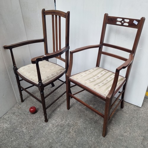 210 - Two very elegant Edwardian armchairs with clean straight lines and delicate string inlay. Upholstere... 