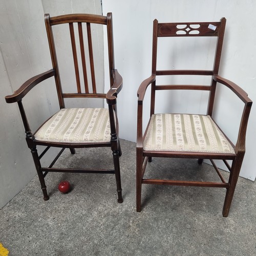 210 - Two very elegant Edwardian armchairs with clean straight lines and delicate string inlay. Upholstere... 