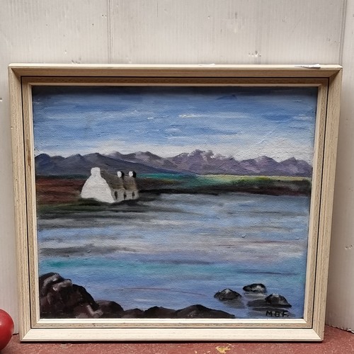 643 - A serene original acrylic on canvas board, depicting a solitary cottage amongst a tranquil coastline... 