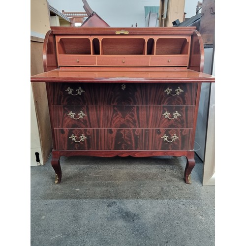 770 - A handsome tiger wood writing desk with sliding top to reveal writing surface and small storage draw... 