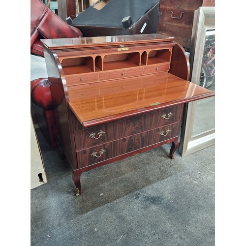 770 - A handsome tiger wood writing desk with sliding top to reveal writing surface and small storage draw... 