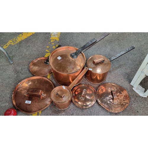 707 - Three antique heavy solid copper Pots and two frying pans all with cast metal handles..  Great looki... 