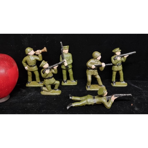 136 - A great selection of six vintage lead alloy, World War II style  toy soldiers. Hand painted and in v... 