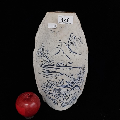 146 - A beautiful hand made ceramic flat vase, featuring a deeply etched traditional East Asian waterside ... 