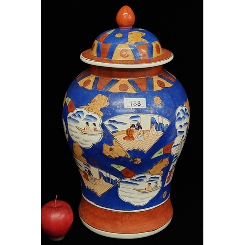 188 - A large example of a porcelain ginger jar, hand painted in a cobalt blue with cadmium red and gilt d... 