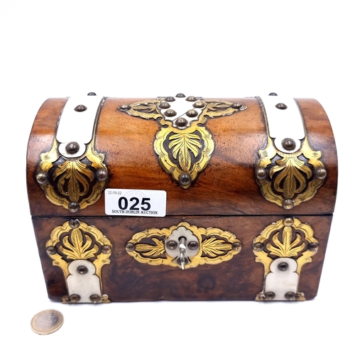 25 - A very handsome example of an antique Coromandel tea box, set with profusely inlayed brass ormolu bi... 