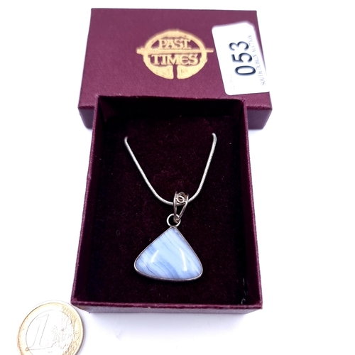 53 - A Polished blue  Quartz triangular necklace, with a nice high quality sterling silver chain. Length:... 