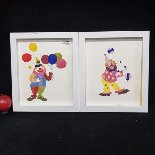 72 - A pair of two original acrylic on canvas paintings depicting jolly clowns in bright, colourful costu... 