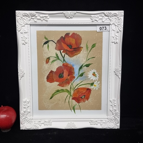 73 - An original acrylic on canvas painting of delicate wildflowers including poppies and daisies. Housed... 