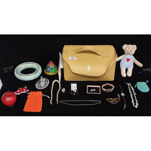 753 - A mixed lot including some costume jewellery, watches, nd more held in a lovely leather yellow zip l... 