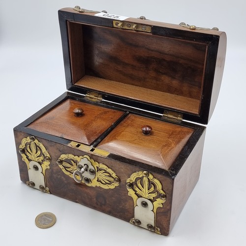 25 - A very handsome example of an antique Coromandel tea box, set with profusely inlayed brass ormolu bi... 