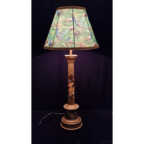 195 - Star Lot : A pair of  fabulous tall table lamps with hand painted metal base, featuring traditional ... 