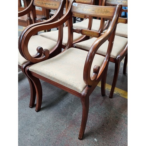 342 - Six very handsome regency style cherrywood dining chairs, two carvers with open arms, all with brass... 