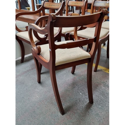 342 - Six very handsome regency style cherrywood dining chairs, two carvers with open arms, all with brass... 