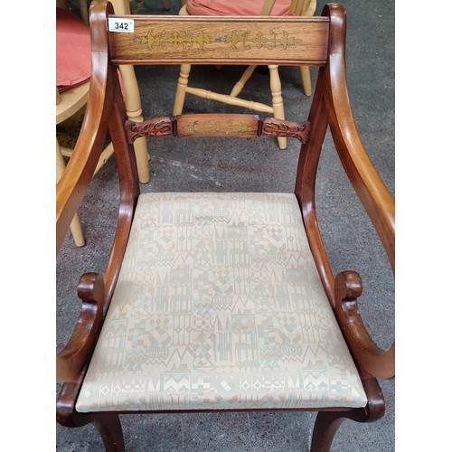 342 - Six very handsome regency style cherrywood dining chairs, two carvers with open arms, all with brass... 