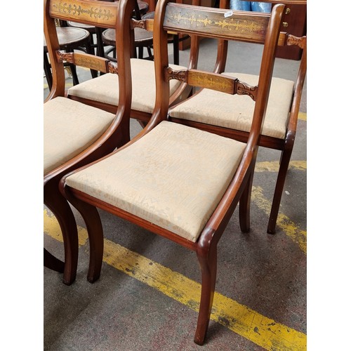 342 - Six very handsome regency style cherrywood dining chairs, two carvers with open arms, all with brass... 