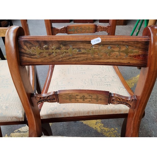 342 - Six very handsome regency style cherrywood dining chairs, two carvers with open arms, all with brass... 