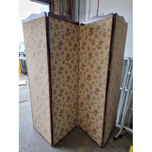 595 - Star Lot : A gorgeous Victorian four-panel screen, featuring relief carved wooden border with floral... 