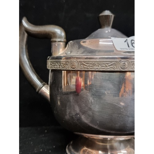 162 - A handsome four-piece silver-plated tea service by Viners , with a decorative border of Celtic symbo... 