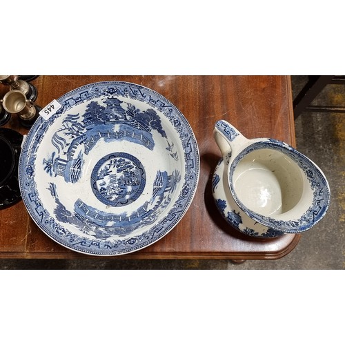 445 - An elegant porcelain wash-set comprising of pitcher jug and large bowl by Maling ware in the Willow ... 