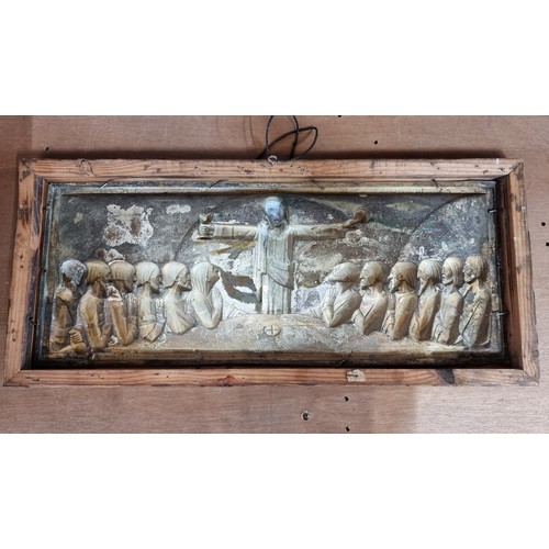 123 - Star lot : A framed  19th century metal wall hanging depicting the biblical scene of the Last Supper... 