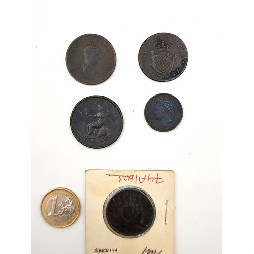 15 - A collection of coins, consisting of two George III 1806 Half penny, A George III Irish half penny a... 