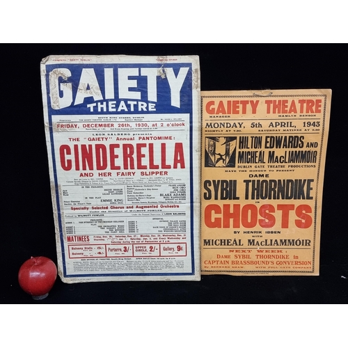 Two amazing original Gaiety Theatre posters, one of which advertises the 1930 pantomime 'Cinderella and her Fairy Slipper', and the other advertises the 1943 production of 'Ghosts'. Wonderful pieces of Irish cultural history.