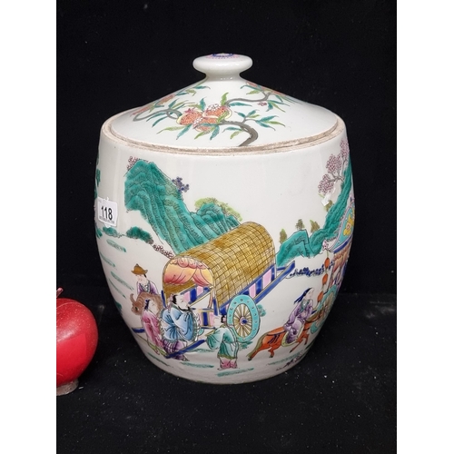 118 - A large vintage porcelain Chinese lidded ginger jar, featuring figures in traditional Chinese dress ... 
