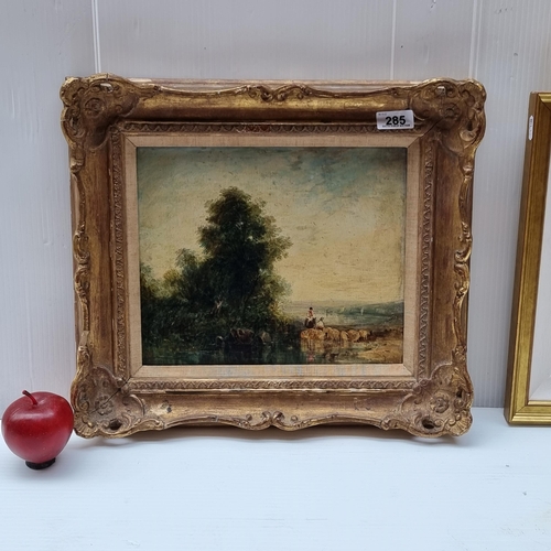 285 - A splendid original oil on panel painting featuring a a rural countryside scene including sheep and ... 