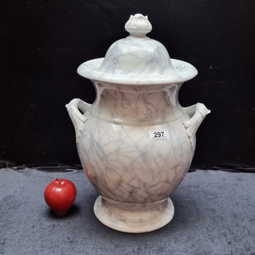 297 - A lovely large antique porcelain lidded urn made by G. Lashworth and Bros, Hanley, with a marbled gl... 