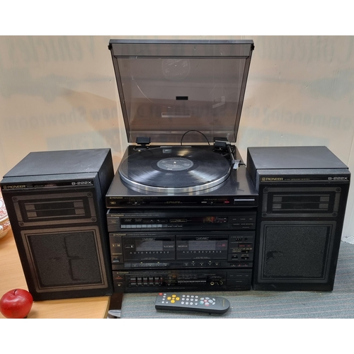 A Pioneer brand entertainment centre, elements included are: 
a pair of Pioneer two-way speakers model S-222X, 
a stereo turntable model PL-X77Z,
an FM/AM digital synthesizer tuner model F-X88ZL,
a stereo double cassette tape deck,
a double cassette tape deck amp model DC-X88Z.
In very good condition.