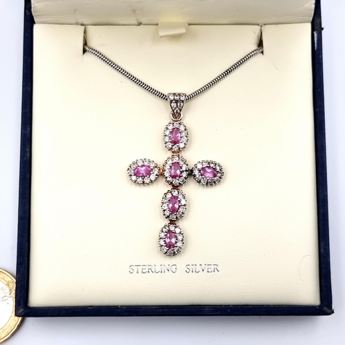 513 - An attractive sterling silver cross pendant necklace, featuring bright Pink Tourmaline and Gemstone ... 