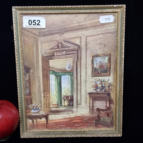 52 - A nice vintage print of a painted interior held in a green and gilt vintage frame.