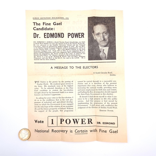 541 - An original  Dublin South-West Bi-election 1956 leaflet, for the support of Doctor Edmond Power, Fin... 