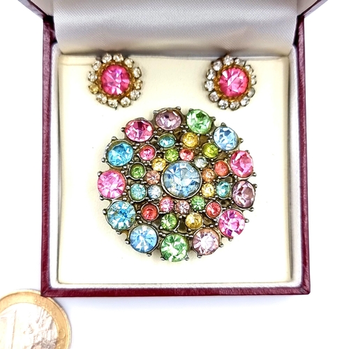 543 - A show stopping antique brooch, set with assorted multi coloured gemstones. Pin intact. Together wit... 