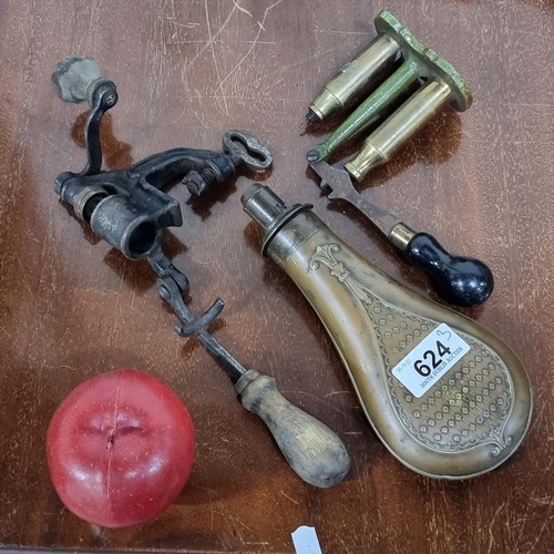 624 - Three antique firearm loading tools, including a copper gun powder flask, with a G & J.W. Hawksley s... 