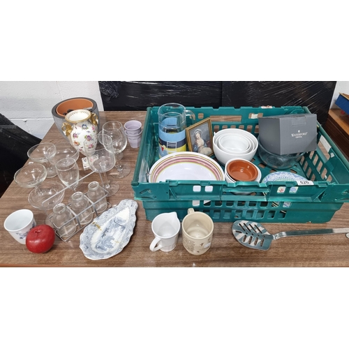 626 - A large crate containing homeware, including stemmed cocktail glasses, large water jugs and neat siz... 