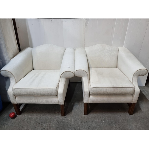 669 - A nice pair of v vintage cream armchairs, with rolled arms  both upholstered in an off white fabric ... 